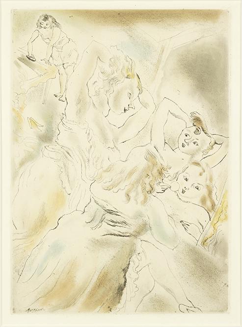 Jules Pascin (Bulgarian-American, 1885-1930) Cendrillon: Jules Pascin (Bulgarian-American, 1885-1930) Cendrillon Plate 2. Color etching and aquatint, 1929, unsigned as issued 13 3/4" x 9 3/4" Frame: 23 1/2" x 17 3/4"