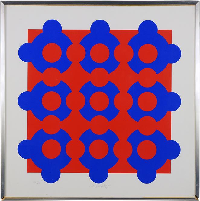 Victor Vasarely (Hungarian, 1906-1997) Red/Blue: Victor Vasarely (Hungarian, 1906-1997) Red/Blue Composition. Color serigraph, pencil signed lower center and numbered 135/290, with blindstamp Denise Rene Editeur 22 1/2" x 22 1/2" Frame: 27 1/4" x 27