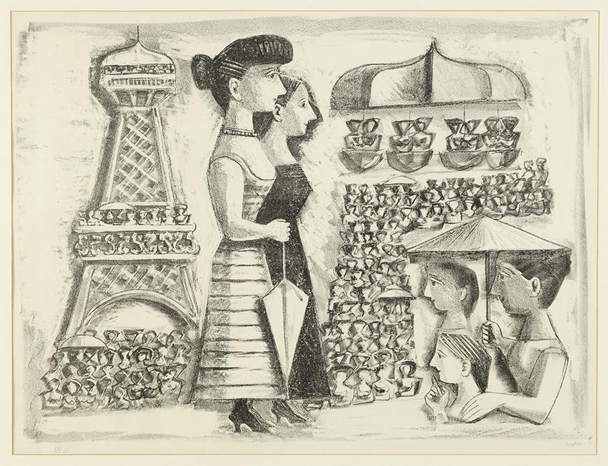 Massimo Campigli (Italian, 1895-1971) Donne alla Torre: Massimo Campigli (Italian, 1895-1971) Donne alla Torre Eiffel. Lithograph, pencil signed lower right, dated '52, and numbered 68/125 19 1/4" x 25 1/2" Frame: 29 1/2" x 35 3/4"
