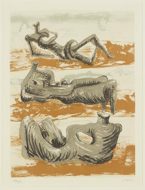Henry Moore (British, 1898-1986) Three Reclining: Henry Moore (British, 1898-1986) Three Reclining Figures. Color lithograph, 1975, pencil signed lower right and numbered 34/50. Ref: Cramer 420 12" x 9" Frame: 20 1/4" x 16 1/4"