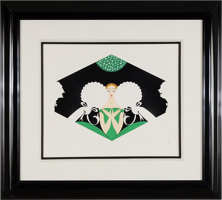 Erte [Romain de Tirtoff] (Russian-French, 1892-1990): Erte [Romain de Tirtoff] (Russian-French, 1892-1990) The Suitors. Embossed color serigraph, 1980, pencil signed lower right and numbered 299/300 11 1/4" x 15" Frame: 26 1/4" x 29 1/4"