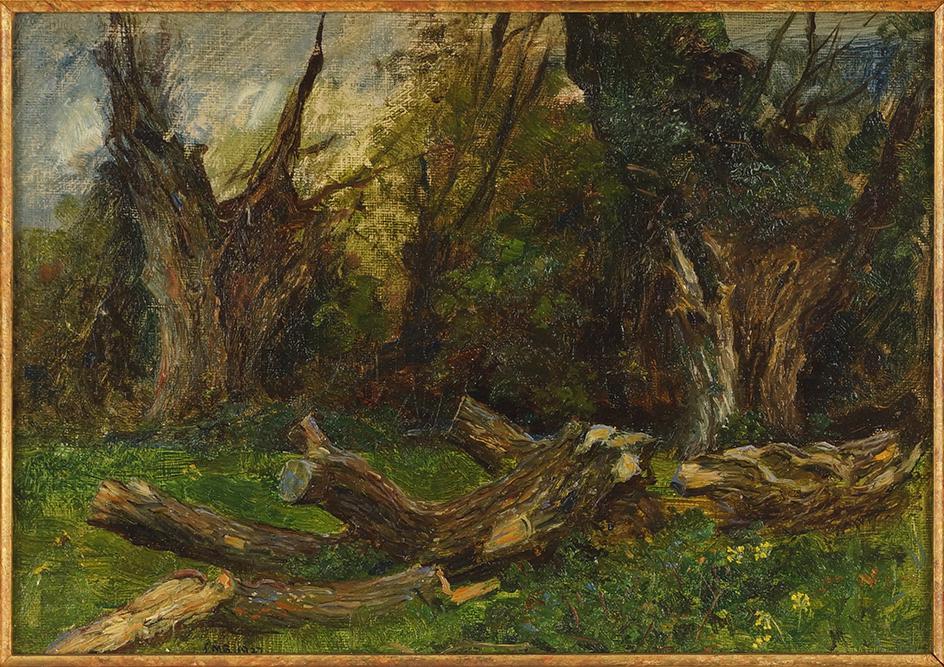 Frank Moss Bennett (British, 1874-1953) Study of a: Frank Moss Bennett (British, 1874-1953) Study of a Fallen Tree. Oil on canvas mounted on board, signed with initials lower left and dated 1927 10" x 14" Frame: 16" x 20"