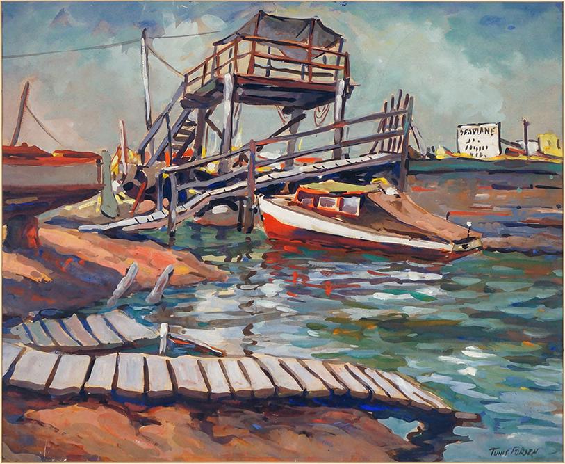 Tunis Ponsen (American, 1891-1968) Boat Dock.: Tunis Ponsen (American, 1891-1968) Boat Dock. Gouache, signed lower right 18" x 22" Frame: 27 1/2" x 31"