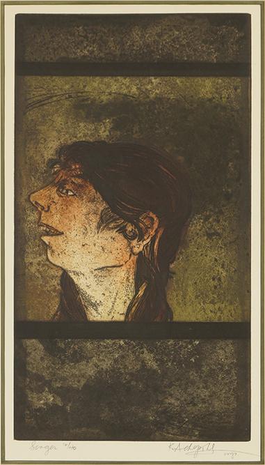 Keith Anden Achepohl (American, B. 1934) Singer.: Keith Anden Achepohl (American, B. 1934) Singer. Color etching and aquatint, pencil signed illegibly lower right, inscribed 'imp.', titled, and numbered 12/40 21 3/4" x 12" Frame: 32 1/2" x 21 1/2"