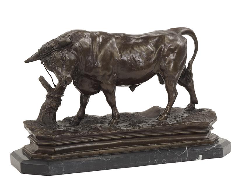 After Charles Valton (French, 1851-1918) A Tethered: After Charles Valton (French, 1851-1918) A Tethered Bull. Bronze with brown patina, signed L. VALTON, set on black marble base Overall height: 11.75"