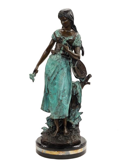 After Hippolyte Moreau (French, 1832-1927) Young Woman: After Hippolyte Moreau (French, 1832-1927) Young Woman with Lute and Flowers. Polychrome bronze signed H. Moreau on base, set on black marble base Overall height: 30"