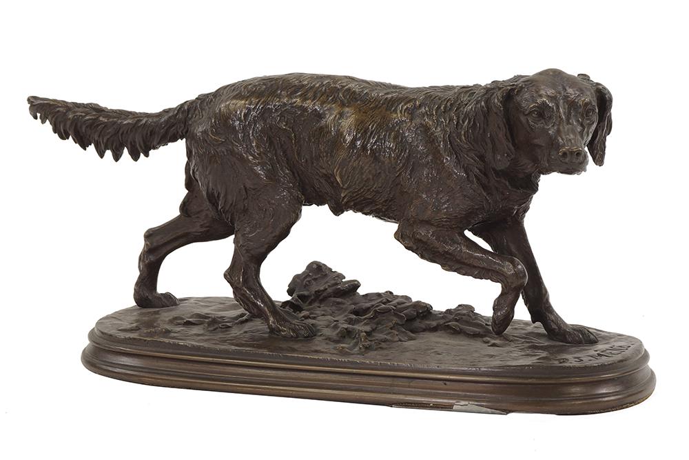 Pierre-Jules Mene (French, 1810-1879) Chien Epagneul: Pierre-Jules Mene (French, 1810-1879) Chien Epagneul Francais. Bronze with brown patina, signed P.J. Mene 6.25" x 13.5"