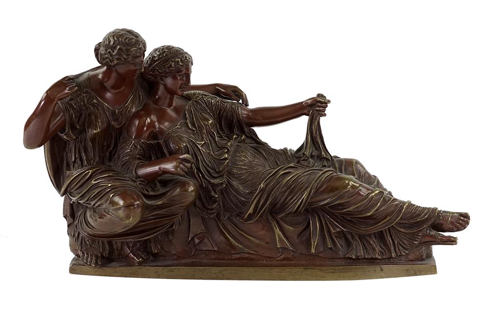 Artist Unknown (German, 19th Century) Two Classical: Artist Unknown (German, 19th Century) Two Classical Figures. Bronze with reddish brown patina, stamped R. Bellair and Co, Friedrichster 182 BERLIN 8" x 13"