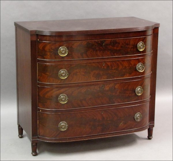 HEPPLEWHITE STYLE MAHOGANY BOWFRONT CHEST OF DR: HEPPLEWHITE STYLE MAHOGANY BOWFRONT CHEST OF DRAWERS. H: 38" W: 41.75" D: 22.75"