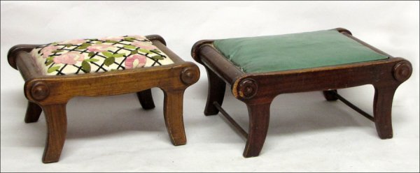 TWO EMPIRE STYLE MAHOGANY FOOTSTOOLS.: TWO EMPIRE STYLE MAHOGANY FOOTSTOOLS. One having crewel upholstery