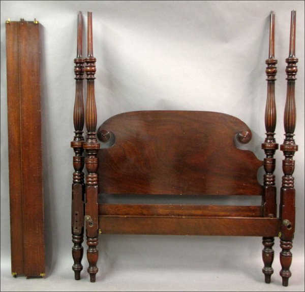 MAHOGANY FOUR POSTER PRINCESS BED.: MAHOGANY FOUR POSTER PRINCESS BED. Including: headboard, 84" x 59"; footboard, 84" x 59"; two side rails, Length: 74"; two pairs of canopy supports, Lengths: 79" and 56.5"; and four finials
