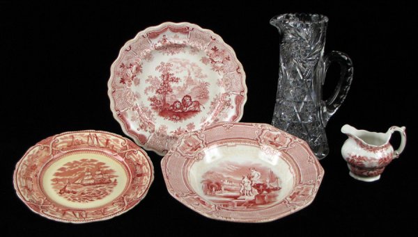 19TH CENTURY ENGLISH TRANSFERWARE SERVING BOWL : 19TH CENTURY ENGLISH TRANSFERWARE SERVING BOWL AND PLATE. Together with a Mason's Ironstone dinner plate in the American Marine pattern, a Booth's transferware creamer in the British Scenery pattern, 