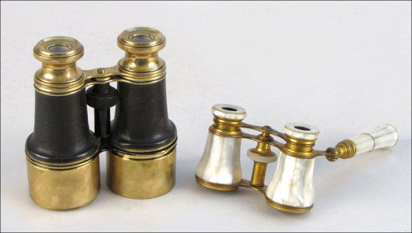 FRENCH LEMARIE MOTHER OF PEARL AND BRASS OPERA: FRENCH LEMARIE MOTHER OF PEARL AND BRASS OPERA GLASSES. Together with a pair of Negretti Zambra leather and brass binoculars