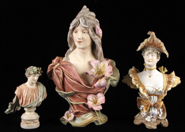 ROYAL DUX BOHEMIA ART NOUVEAU STYLE PORCELAIN B: ROYAL DUX BOHEMIA ART NOUVEAU STYLE PORCELAIN BUST. Together with a Royal Dux Bohemia porcelain Caeser figure, and a Turn Wien porcelain bust of a woman with a hat Royal Dux Bohemia bust: 17" x 10" x 