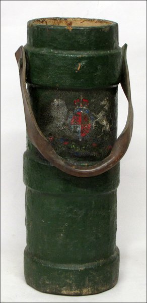 PAINTED PAPIER MACHE ARTILLERY CASE.: PAINTED PAPIER MACHE ARTILLERY CASE. With a leather strap and painted lion and horse crest 20.5" x 6.5"