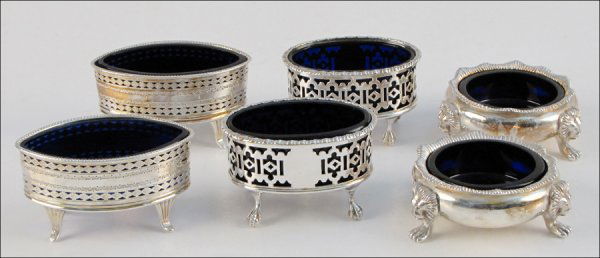 THREE PAIRS OF ENGLISH SILVERPLATE SALT CELLARS: THREE PAIRS OF ENGLISH SILVERPLATE SALT CELLARS. All with cobalt glass liners