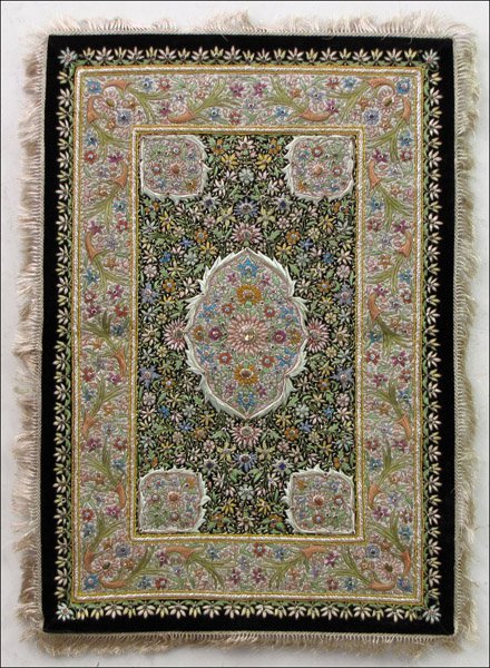 EMBROIDERED VELVET PRAYER RUG.: EMBROIDERED VELVET PRAYER RUG. Stretched, but not framed. Rug is inset with amethyst, adventurine, tiger's eye, turquoise, rose quartz, lapis, and labradorite 36" x 24"