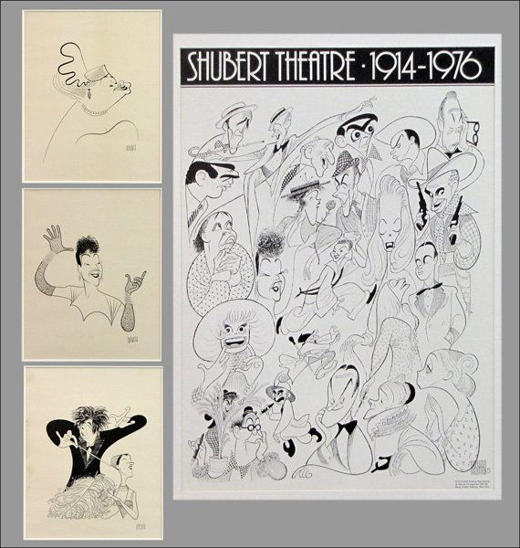 AL HIRSCHFELD (AMERICAN 1903-2003) FOUR WORKS.: AL HIRSCHFELD (AMERICAN 1903-2003) FOUR WORKS. Shubert Theatre lithograph poster (35" x 24.50"); Together with three framed Hirschfeld prints (12.25" x 10"); Each matted and framed under plexiglas