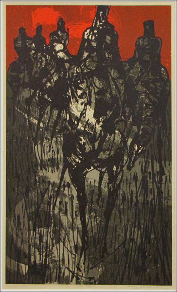 DEAN MEEKER (AMERICAN 1920-2002) HORSEMEN.: DEAN MEEKER (AMERICAN 1920-2002) HORSEMEN. Serigraph polymer on paper, signed, numbered and titled in pencil in the lower margin, edition Proof; Frame: 40" x 27" 30" x 18"
