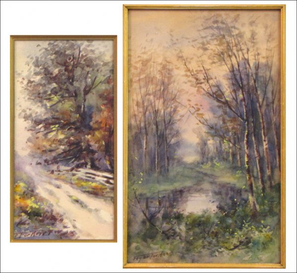 JAMES EDGAR FORKNER (AMERICAN 1867-1945) TWO WO: JAMES EDGAR FORKNER (AMERICAN 1867-1945) TWO WORKS. River Landscape: Watercolor on paper, signed lower left "Edgar Forkner" (13" x7.75");Framed in a carved gilt wood and gesso frame. Landscape: Waterc