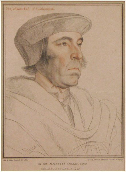 FRANCESCO BARTOLOZZI (ITALIAN 1727-1815) FITZ W: FRANCESCO BARTOLOZZI (ITALIAN 1727-1815) FITZ WILLIAMS EARL OF SOUTHAMPTON. Copper engraving with color, after Hans Holbein, published 1793; Matted and framed; Frame: 24.25" x 20.25" 14.75" x 10.9" (S