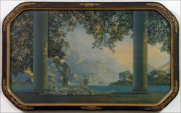 AFTER MAXFIELD PARRISH (AMERICAN 1870-1966) DAY: AFTER MAXFIELD PARRISH (AMERICAN 1870-1966) DAYBREAK. Color print by The House of Art, period frame; Frame: 20.25" x 32.25" 17.25" x 29.25"