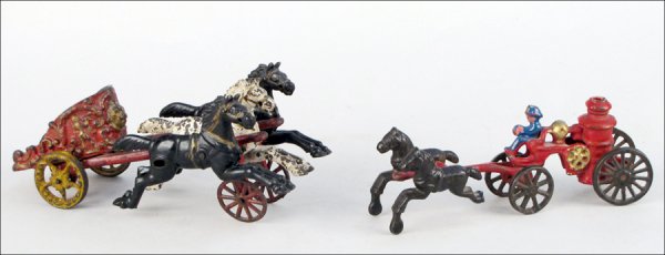 EARLY 20TH CENTURY TWO SECTION PAINTED IRON FIR: EARLY 20TH CENTURY TWO SECTION PAINTED IRON FIRE BRIGADE. Together with a painted iron chariot pulled by three horses Fire brigade: 2.5" x 2" x 8" Chariot: 4" x 4" x 10"