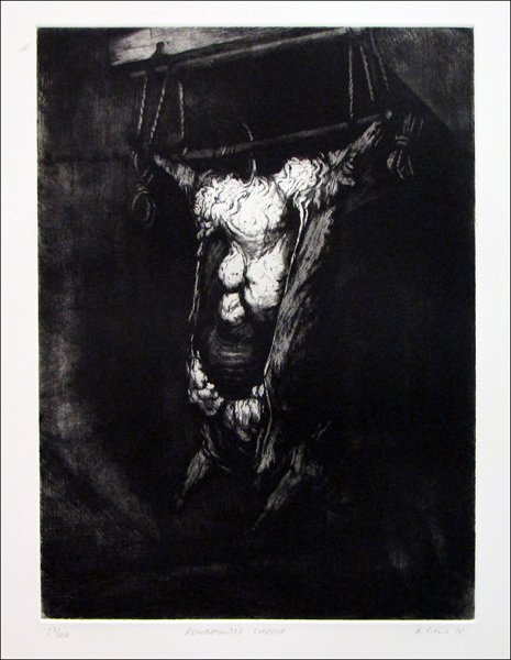 KEN CURRIE (SCOTTISH, B.1960) REMBRANDT'S CARCA: KEN CURRIE (SCOTTISH, B.1960) REMBRANDT'S CARCAS. Etching on Arches paper, 1991, signed, dated, titled and numbered in pencil in the lower margin, edition 27/40; Unframed; Sheet: 20' x 27" 16.4" x 12"