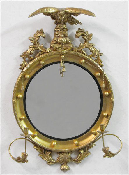 FEDERAL STYLE GESSO AND GILTWOOD CONVEX MIRROR.: FEDERAL STYLE GESSO AND GILTWOOD CONVEX MIRROR. 37.5" x 22.5"