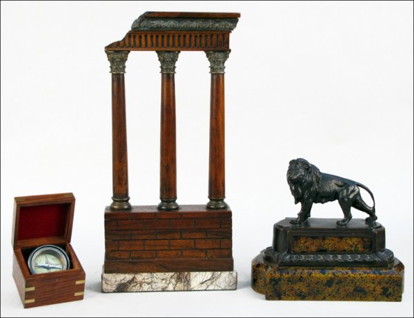 20TH CENTURY ARCHITECTURAL ELEMENT DEPICTING MA: 20TH CENTURY ARCHITECTURAL ELEMENT DEPICTING MAHOGANY AND BRASS MOUNTED CORINTHIAN COLUMNS. Raised on a marble plinth. Together with compass contained in a wood and brass mounted box, and a patinated 
