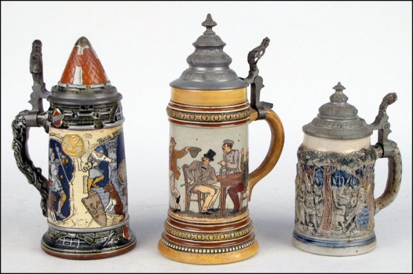 METTLACH POTTERY BEER STEIN NO. 2382.: METTLACH POTTERY BEER STEIN NO. 2382. Together with two German beer Steins Height: 9.25" (Mettlach)