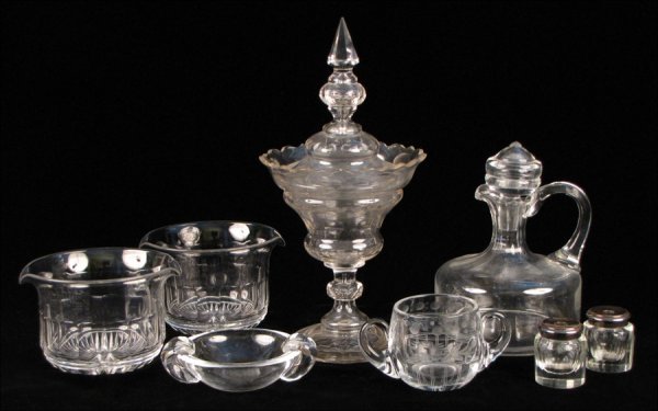 PAIR OF ENGLISH CRYSTAL JUICE BEAKERS.: PAIR OF ENGLISH CRYSTAL JUICE BEAKERS. Together with a crystal covered pedestal dish, crystal decanter, Steuben ashtray, a Hawkes crystal sugar bowl, and two crystal inkwells