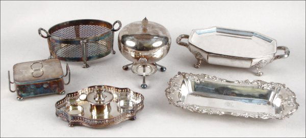 MAPPIN & WEBB SILVERPLATE EGG CODDLER.: MAPPIN & WEBB SILVERPLATE EGG CODDLER. Together with an English silverplate covered box, an English silverplate inkwell holder, a silverplate tray, a Sheffield silverplate filigree basket, and an Engl