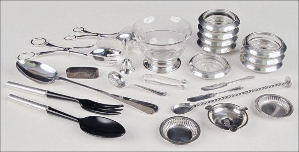 ENGLISH STERLING SILVER DINNER BELL.: ENGLISH STERLING SILVER DINNER BELL. Together with a Reed and Barton sterling silver and crystal condiment bowl, eight sterling silver and glass coasters, a .900 silver ashtray, two small sterling sil