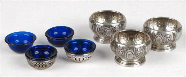 THREE GORHAM STERLING SILVER SALT CELLARS.: THREE GORHAM STERLING SILVER SALT CELLARS. Together with a pair of sterling silver salt cellars with cobalt glass liners, and two additional cobalt glass liners Wt: 6.30ozt