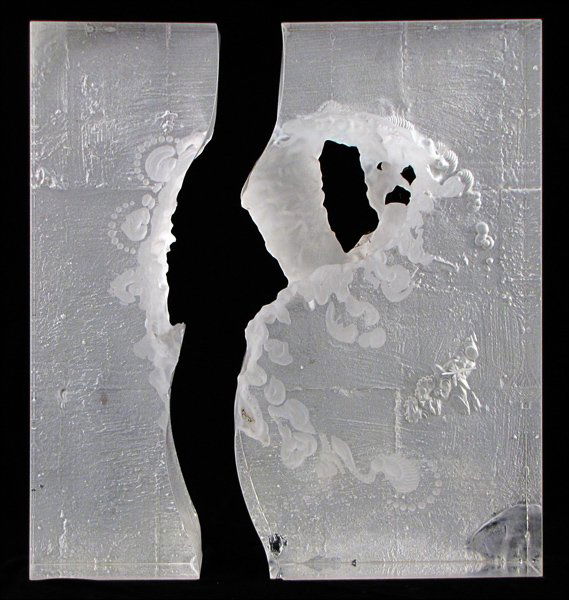 CHRISTOPHER RIES (AMERICAN, B. 1952) UNTITLED C: CHRISTOPHER RIES (AMERICAN, B. 1952) UNTITLED COMPOSITION. Two piece etched and frosted glass sculpture. Signed and dated 1980 on the side H: 24" W: 19" D: 4"