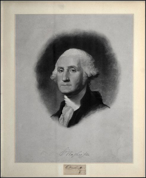 GEORGE WASHINGTON PORTRAIT ENGRAVING.: GEORGE WASHINGTON PORTRAIT ENGRAVING. After Gilbert Stuart, framed with paper fragment bearing Washington's signature; Frame: 31.75" x 27" 23" x 18.25" (sight)