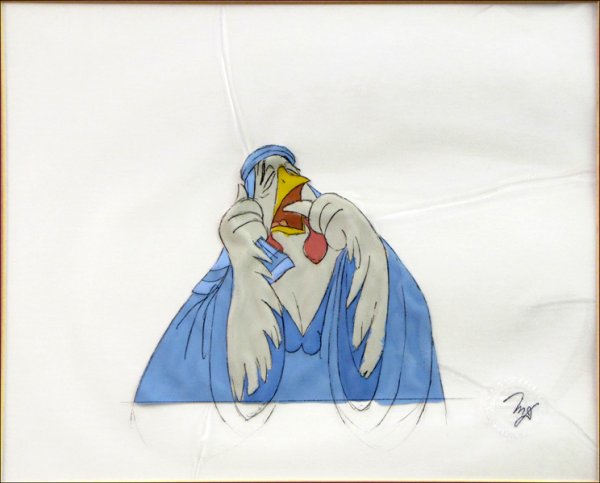 MARC DAVIS DISNEY ANIMATION CEL LADY CLUCK FROM: MARC DAVIS DISNEY ANIMATION CEL LADY CLUCK FROM ROBIN HOOD. Initialed in black ink over the embossment seal "MD;" Matted but not framed 11" x 14" (sight)