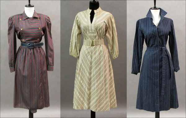 BILL BLASS STRIPED SILK DRESS WITH A DOUBLE BRE: BILL BLASS STRIPED SILK DRESS WITH A DOUBLE BREASTED BODICE AND NAVY BLUE LEATHER BELT. Together with a Marimekko navy blue cotton dress with self belt, and a tan cotton diagonal striped dress with se