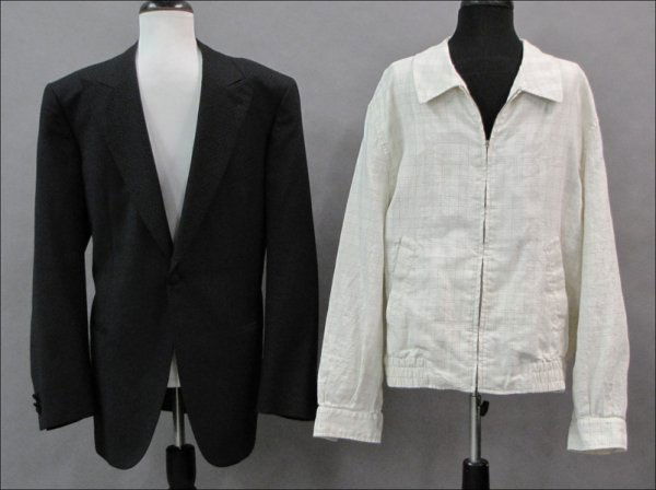 BRIONI BLACK WOOL SINGLE BUTTON JACKET.: BRIONI BLACK WOOL SINGLE BUTTON JACKET. Together with a Brioni white printed cotton/linen blend zip jacket Black: Size 42 White: Size large