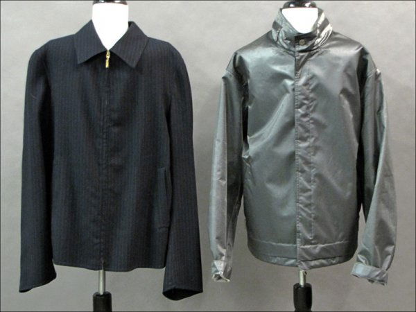 BRIONI NAVY BLUE WOOL PIN STRIPE ZIP JACKET.: BRIONI NAVY BLUE WOOL PIN STRIPE ZIP JACKET. Together with a Gianfranco Ferre metallic nylon snap front jacket Brino: Size medium