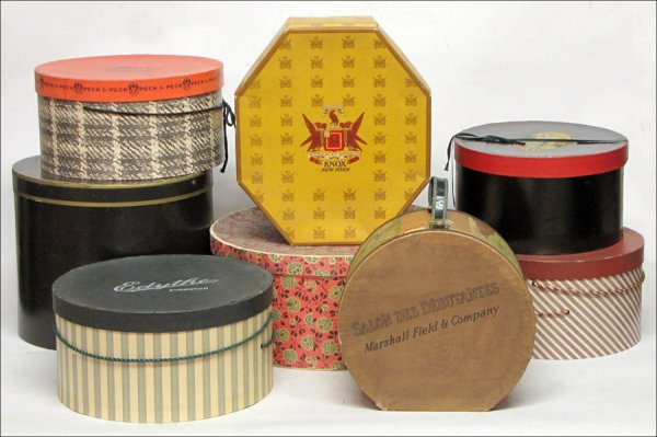 COLLECTION OF THIRTY-EIGHT HAT BOXES.: COLLECTION OF THIRTY-EIGHT HAT BOXES. With boxes from Marshall Fields, Capper & Capper, Dunlap and Co, Knox, and others