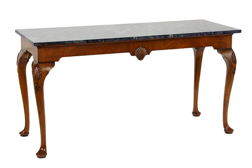 Queen Anne Style Carved Mahogany and Marble Console: Queen Anne Style Carved Mahogany and Marble Console Table. 30" x 58" x 22"