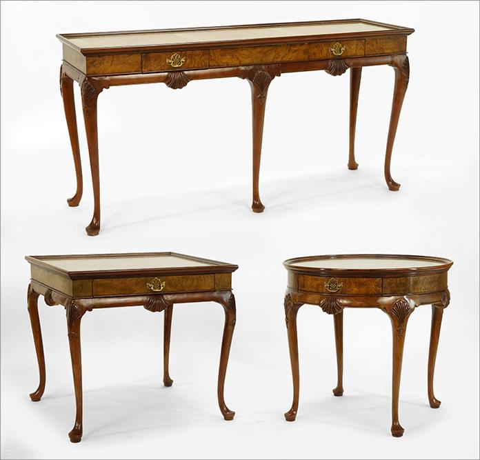 Baker Mahogany and Burl Walnut Furniture.: Baker Mahogany and Burl Walnut Furniture. Comprising a 2 drawer console table and two single drawer side tables, one round and one square console 27" x 54" x 16"