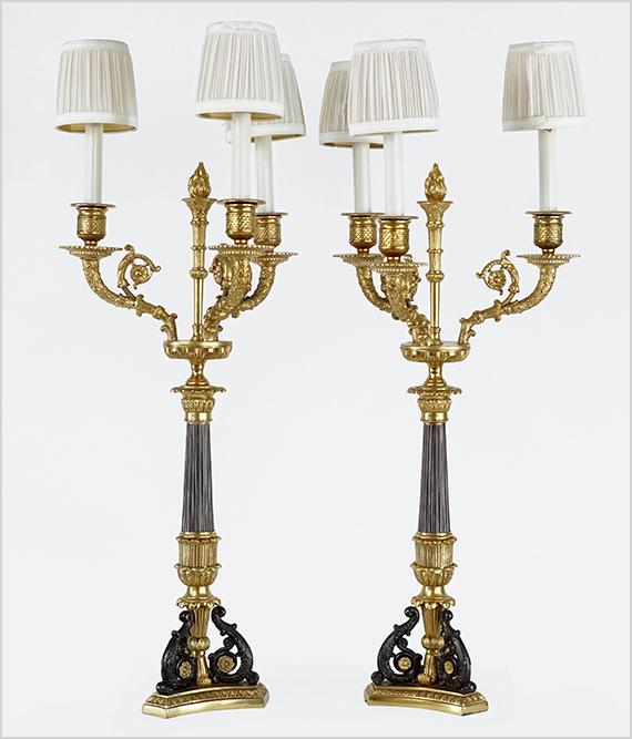 A Pair of French Empire Style Table Lamps.: A Pair of French Empire Style Table Lamps. Patinated and parcel gilt metal three-light candelabra form table lamps Height to socket: 29"