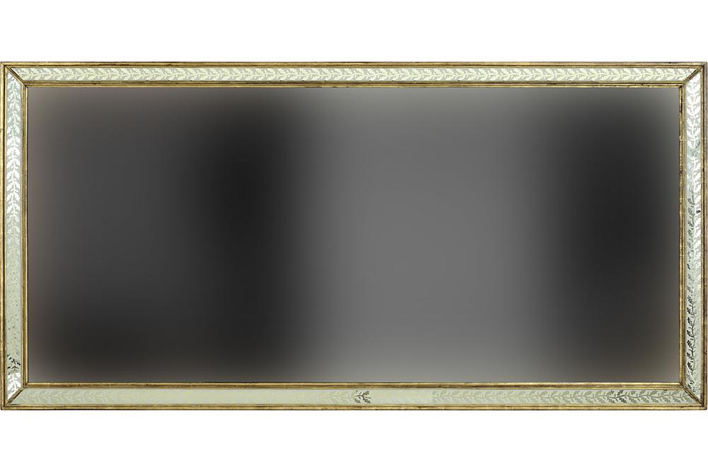 A Mirror.: A Mirror. Giltwood frame contains a split panel mirror with transfer decorated border depicting oak leaves and acorns 68 1/4" x 33 1/2"