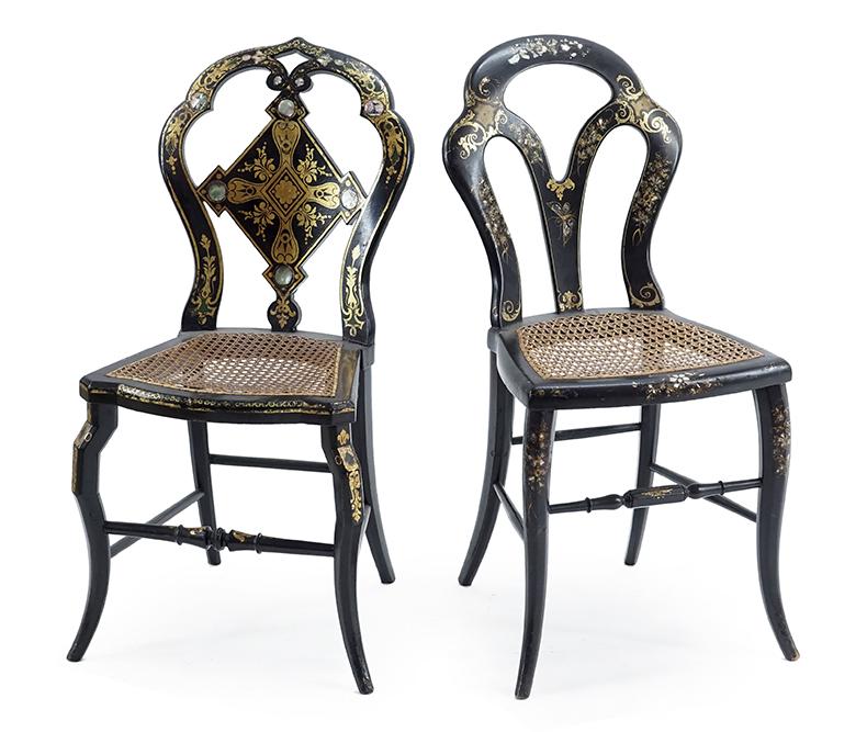 Two Victorian Chairs.: Two Victorian Chairs. Each is a gilt ebonized wood and papier mache chair with inlaid abalone decoration and caned seats Back height of both: 32"