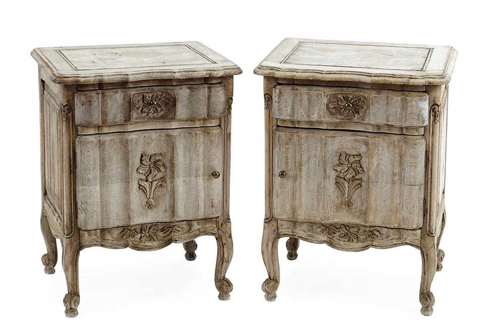A PAir of Louis XV Style Bedside Tables.: A PAir of Louis XV Style Bedside Tables. Whitewashed wood tables with a single drawer and cabinet 26" x 19 1/2" x 15"