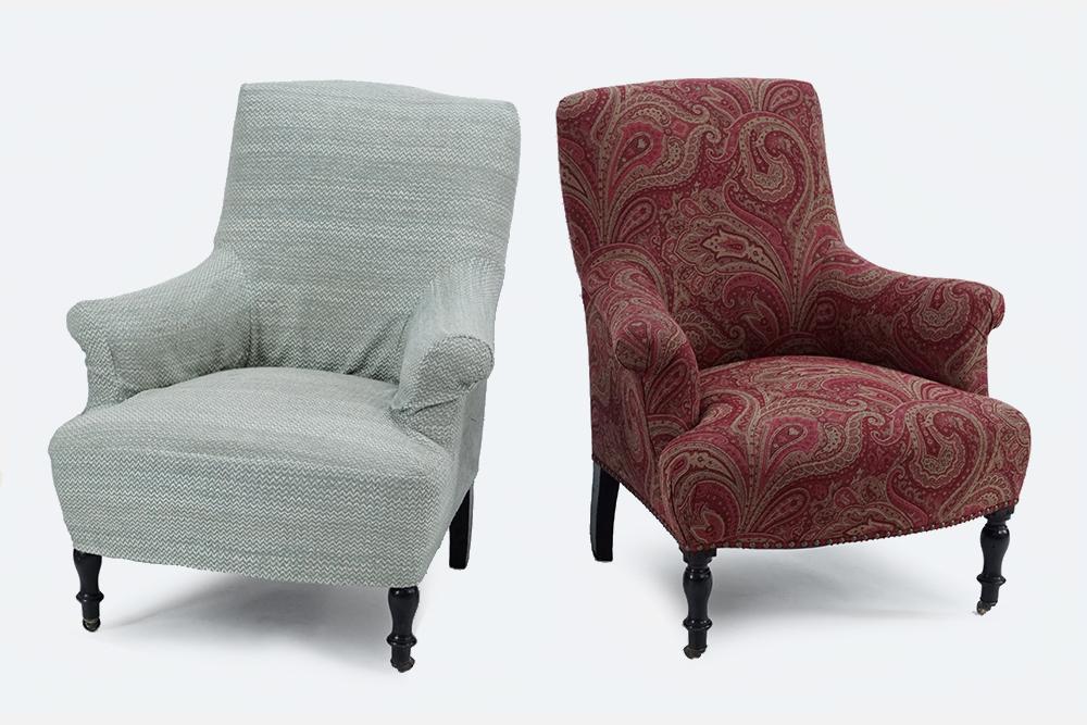 A Pair of Tub Chairs.: A Pair of Tub Chairs. Ebonized wood frames with nailhead trim and paisley upholstery. Together with a pair of blue and white herringbone slipcovers 35" x 31" x 37"