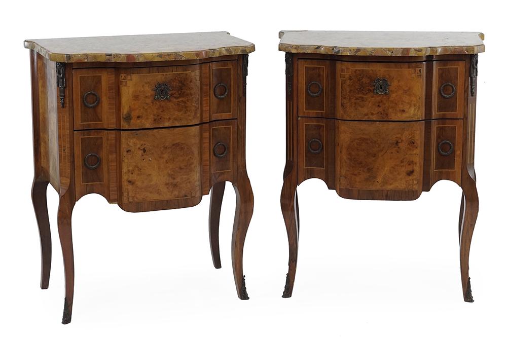 A Pair of French Louis XV Style Commodes.: A Pair of French Louis XV Style Commodes. Two drawer burl veneer and parquetry inlaid commodes. Each with patinated metal mounts and a marble top 35" x 28 1/2" x 17 1/2"